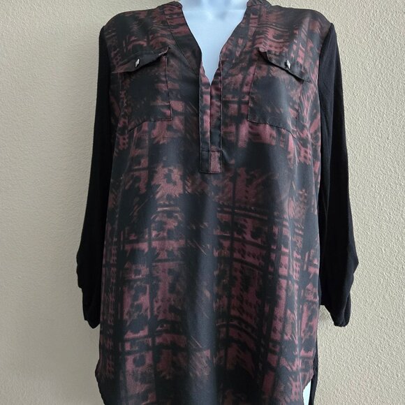 Rock & Republic Black Burgundy Abstract Mixed Media Tunic Blouse - Picture 1 of 5